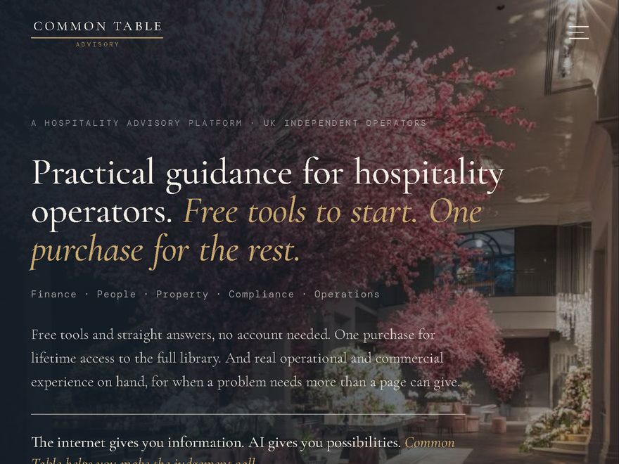 La homepage di Common Table - piattaforma di consulenza per la ristorazione